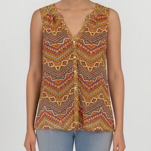 Anthropologie Fig & Flower Geometric Print Lace Back Sleeveless Button Top Small